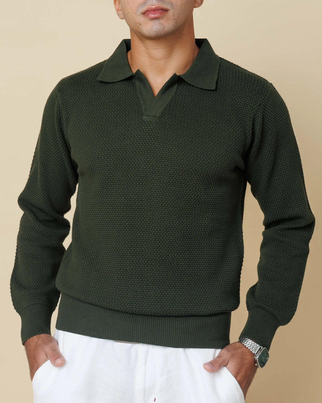 All-Season Popcorn Knit Long Sleeve Polo Olive-Green-XL - LCY London