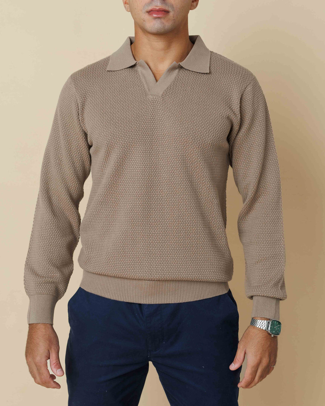 All-Season Popcorn Knit Long Sleeve Polo  - LCY London