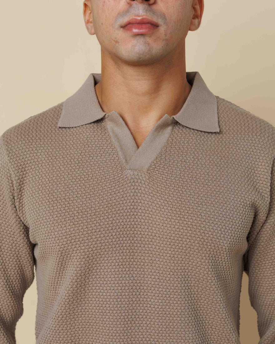 All-Season Popcorn Knit Long Sleeve Polo  - LCY London
