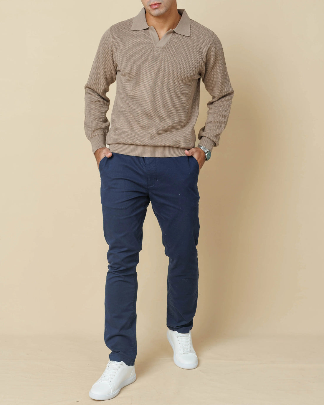 All-Season Popcorn Knit Long Sleeve Polo  - LCY London