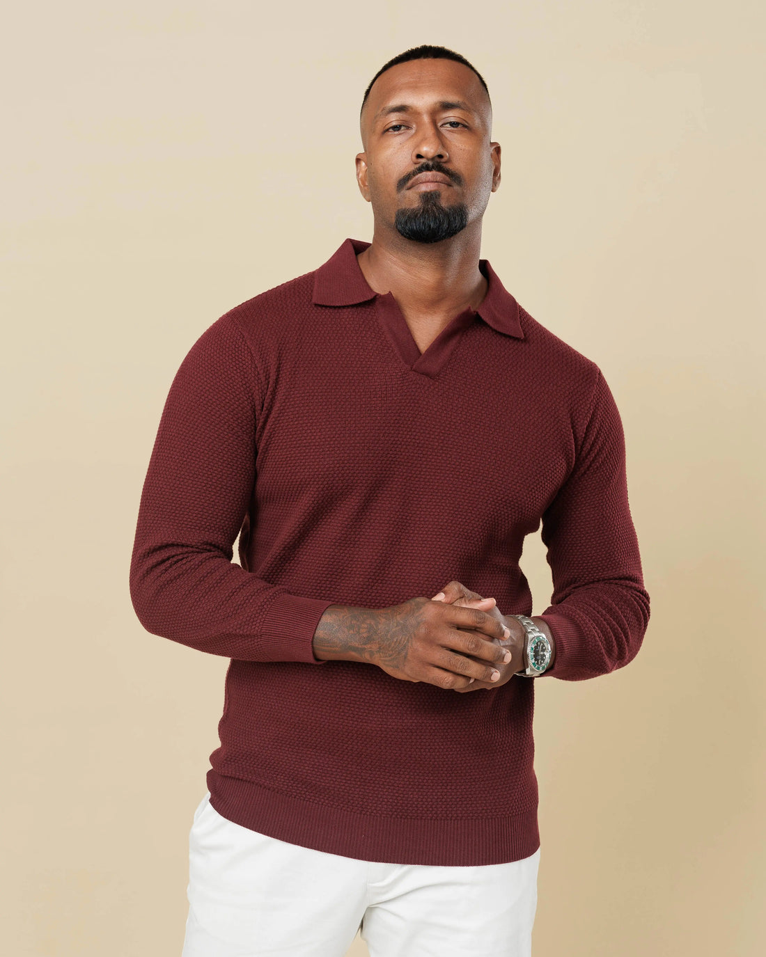All-Season Popcorn Knit Long Sleeve Polo Wine-XL - LCY London