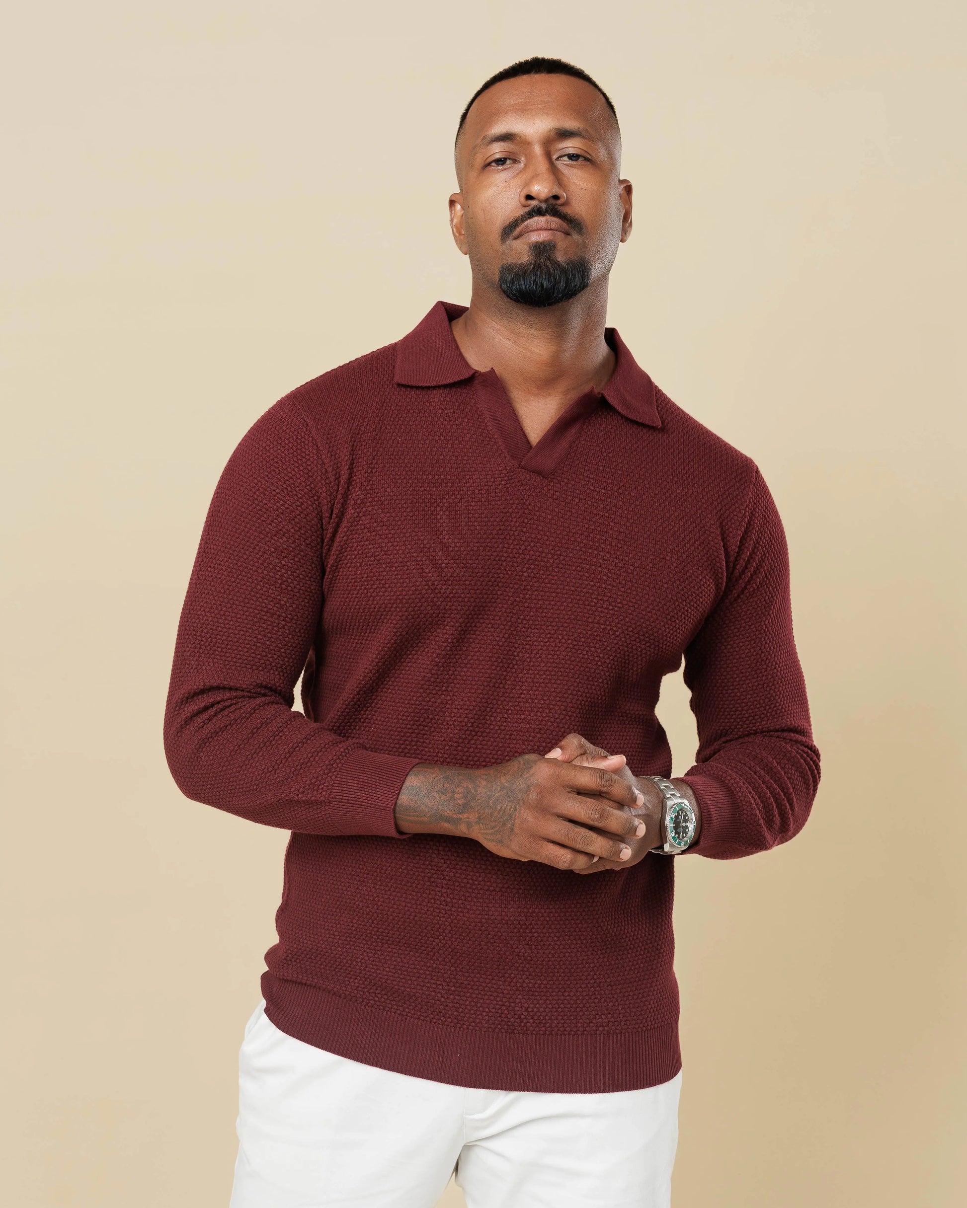 All-Season Popcorn Knit Long Sleeve Polo Wine-XL - LCY London