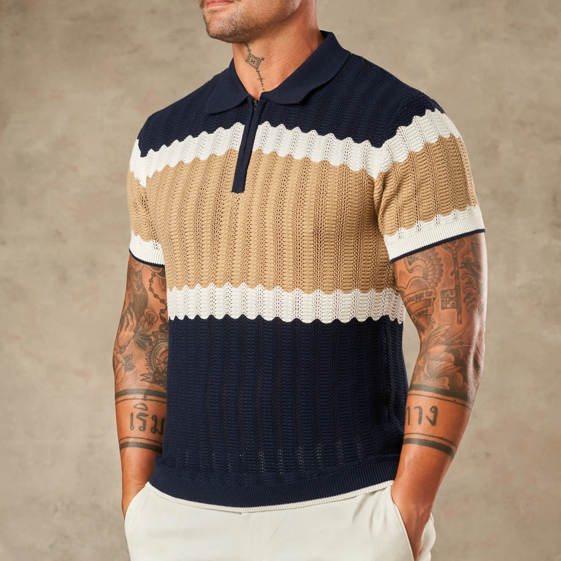 Capri Wave Textured Zipper Polo  - LCY London