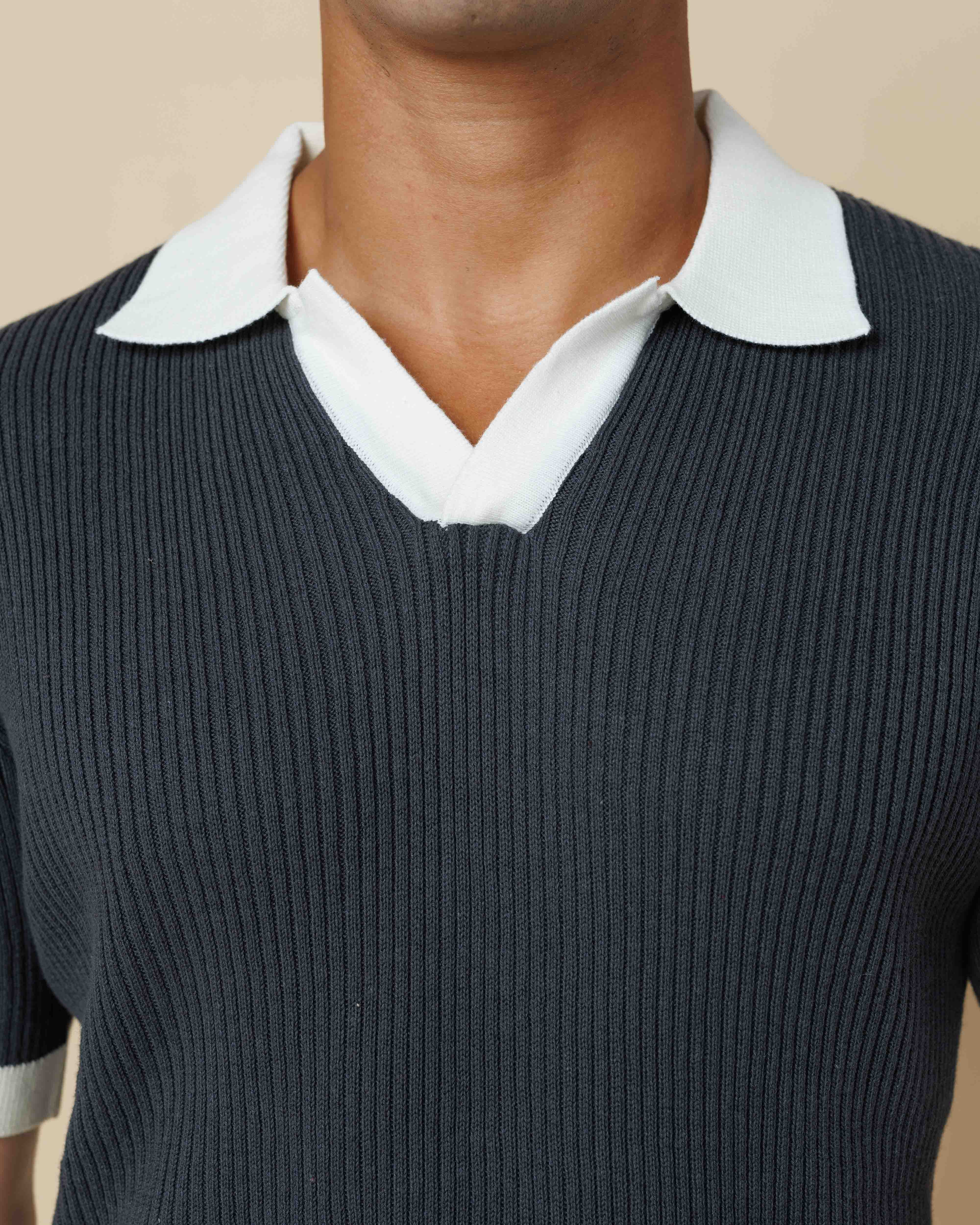 Contrast Knit Johnny Collar Polo  - LCY London