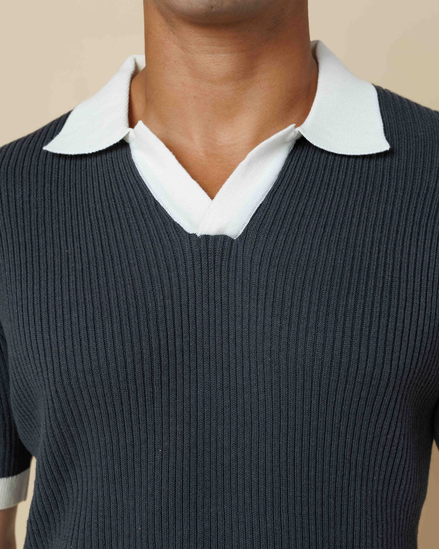 Contrast Knit Johnny Collar Polo  - LCY London
