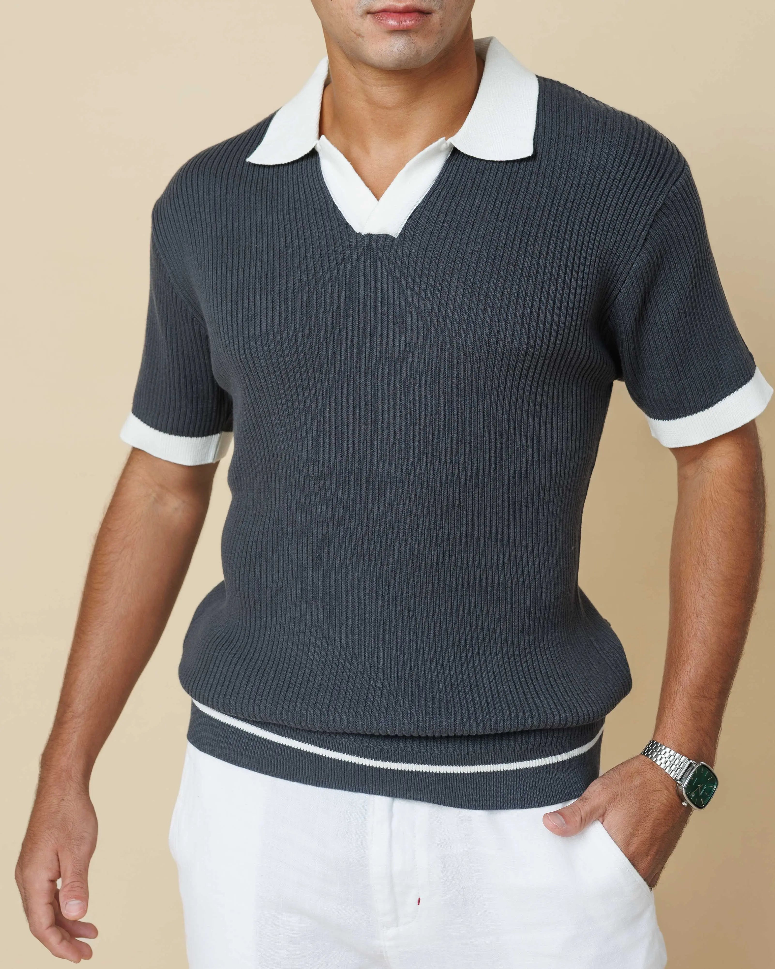 Contrast Knit Johnny Collar Polo  - LCY London