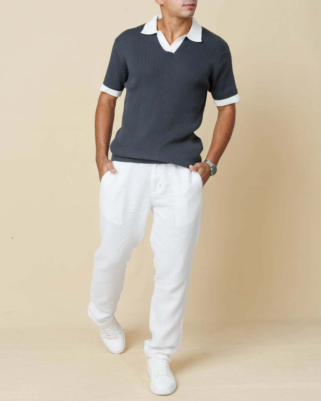 Contrast Knit Johnny Collar Polo  - LCY London