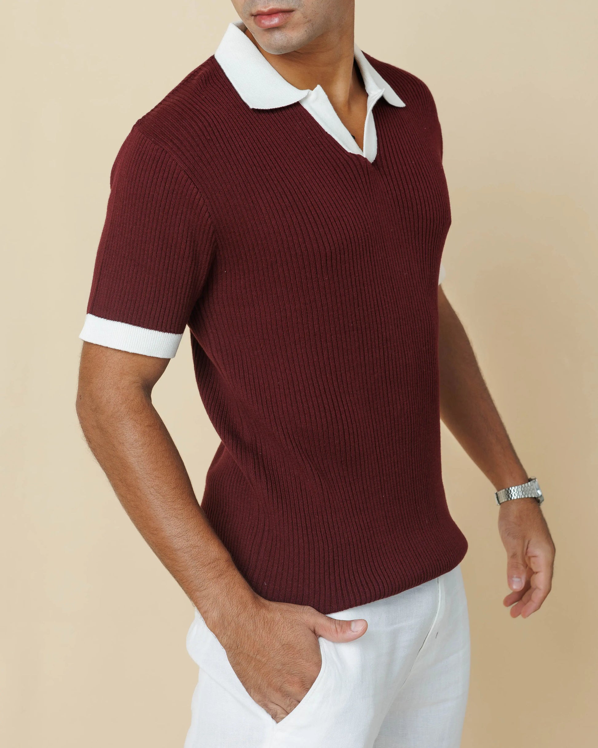 Contrast Knit Johnny Collar Polo  - LCY London