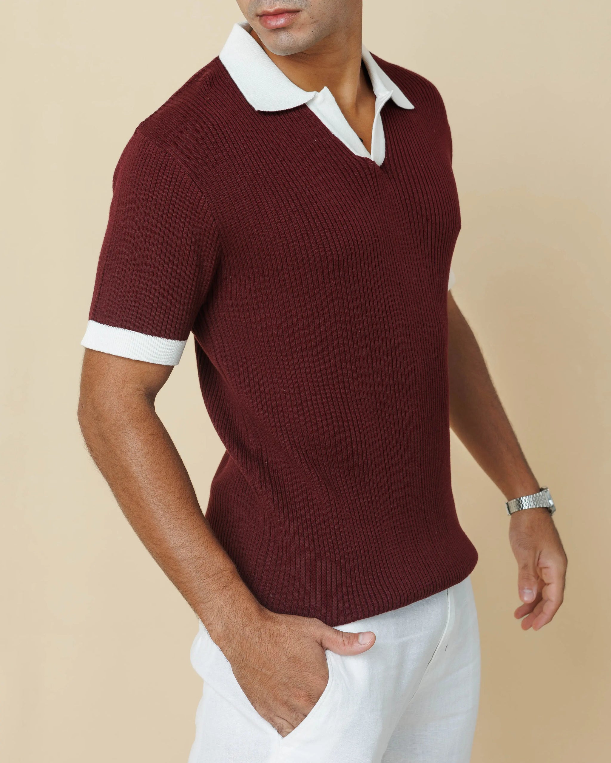 Contrast Knit Johnny Collar Polo  - LCY London