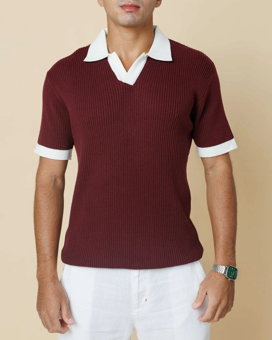 Contrast Knit Johnny Collar Polo Wine-XL-Polo-collar - LCY London