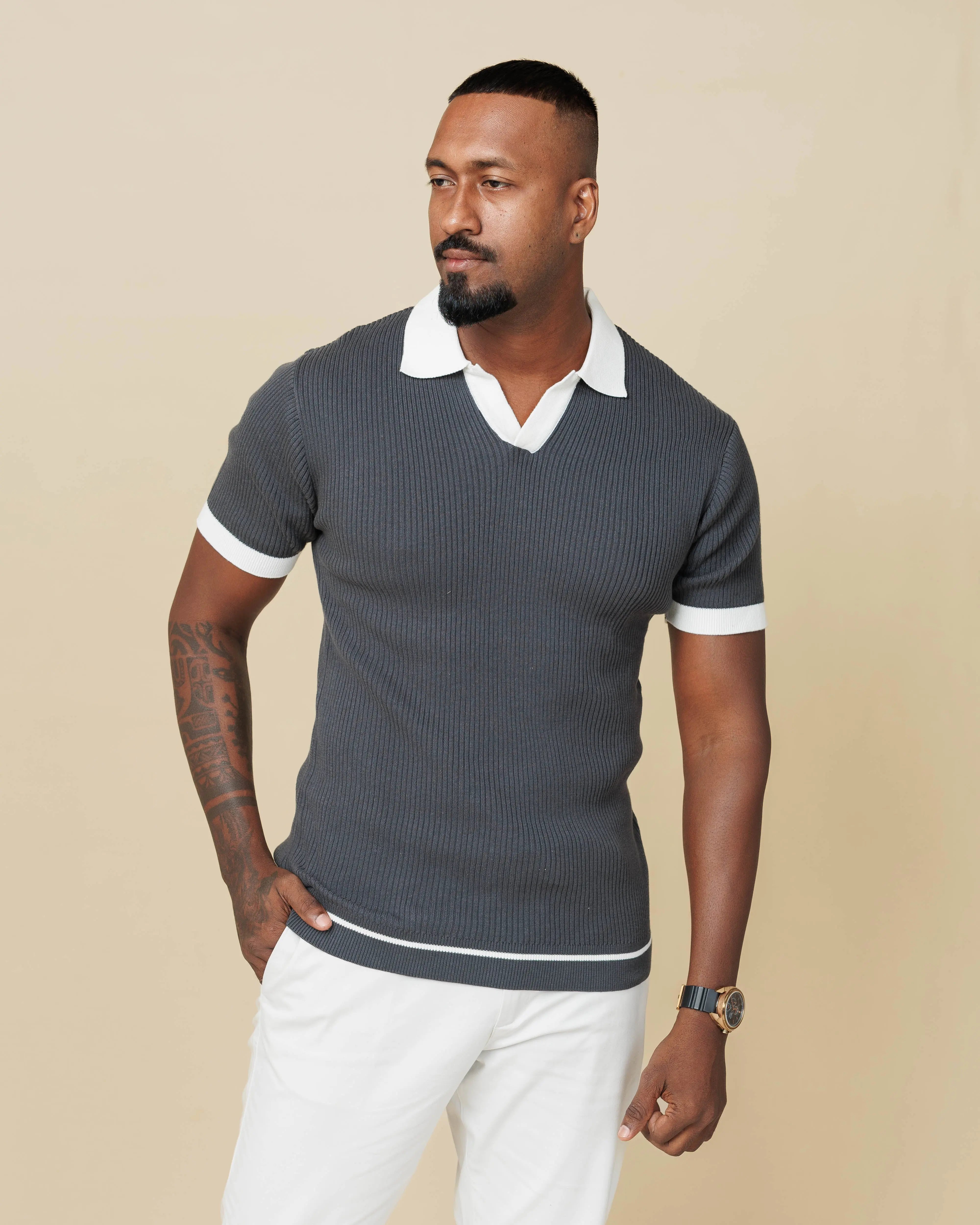 Contrast Knit Johnny Collar Polo Gray-XL-Polo-collar - LCY London