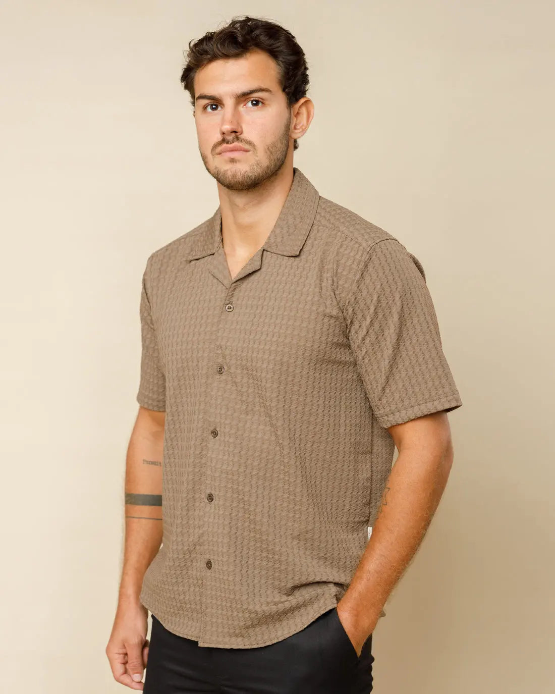 Designer Cuban Collar Shirt Camel-Beige-S - LCY London