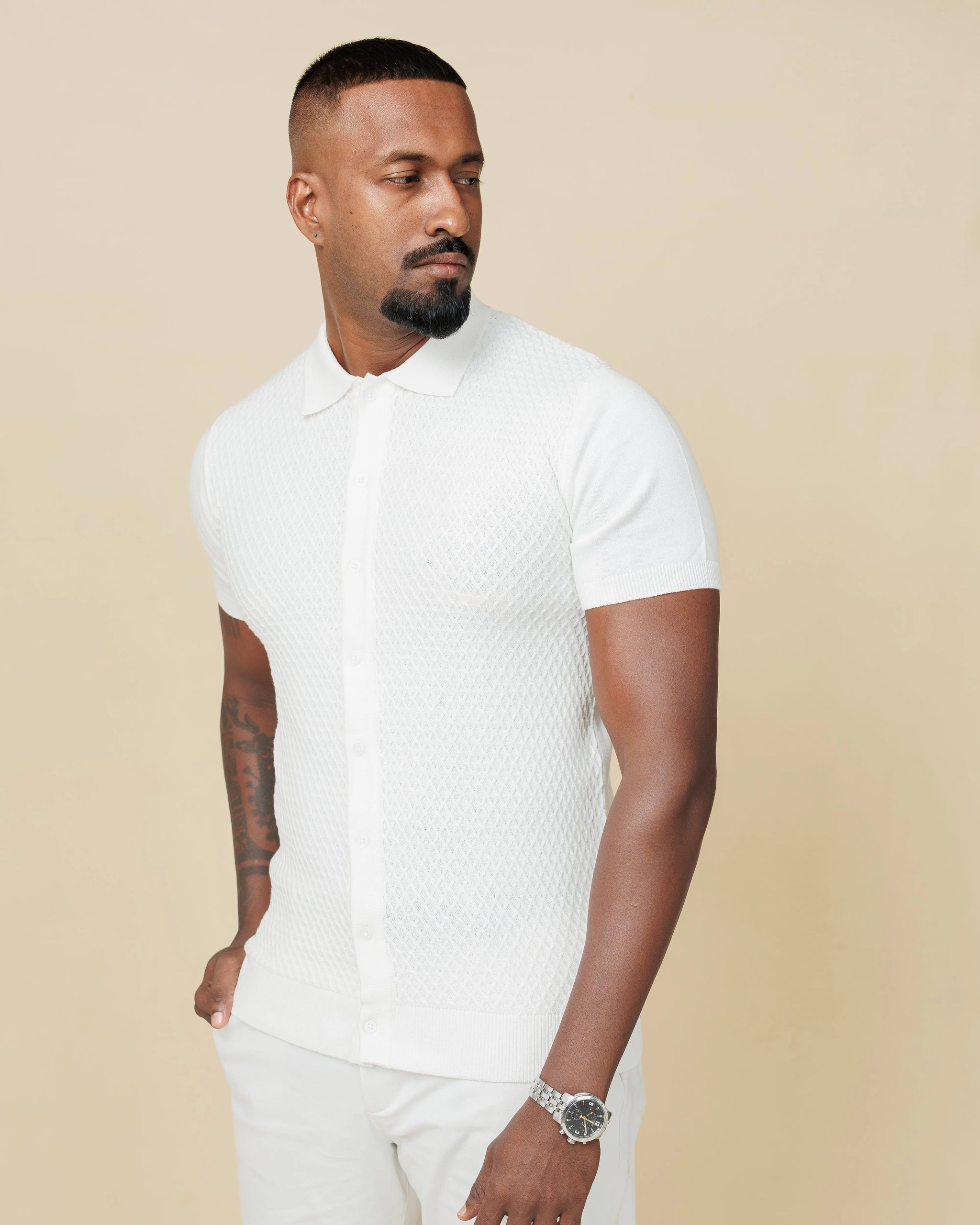 Diamond Weave Heritage Polo – Buttoned Edition White-XL - LCY London