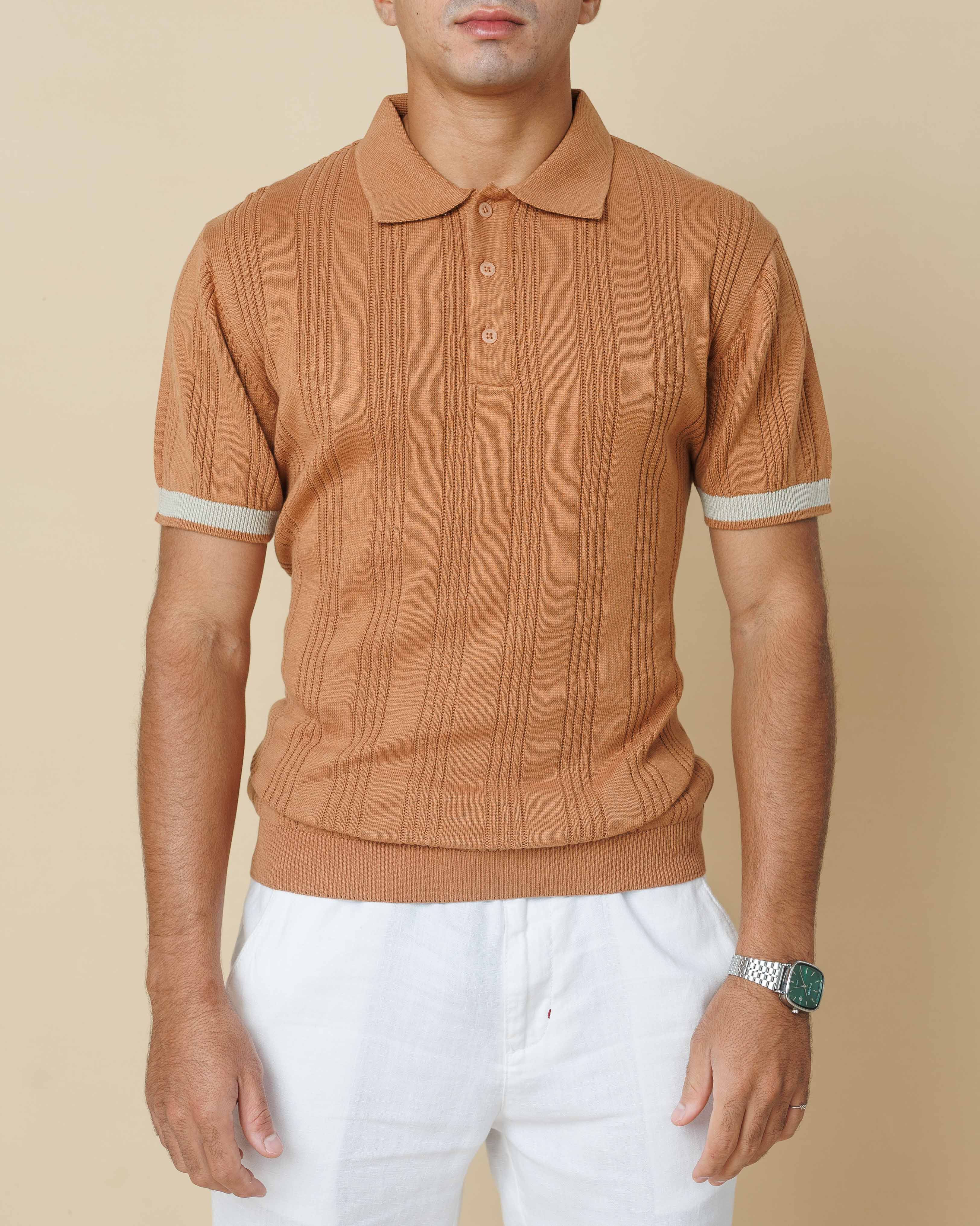 Drop Needle Flatknit Polo Rust-Brown-XL - LCY London