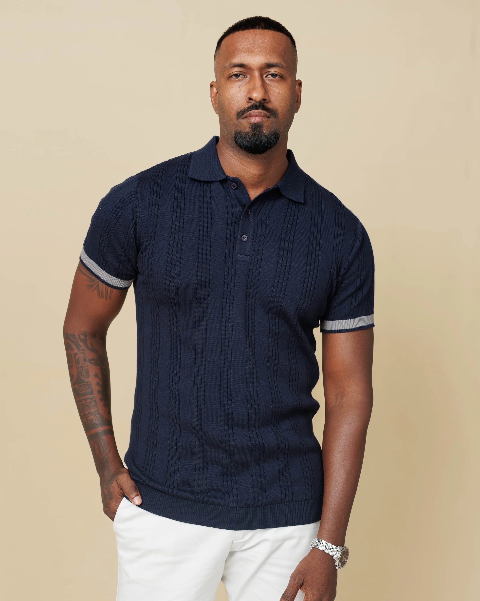 Drop Needle Flatknit Polo Navy-Blue-XL - LCY London