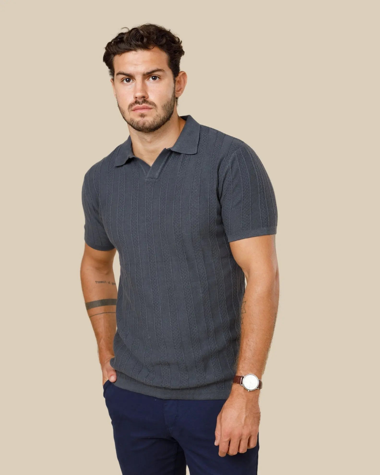 Johnny Collar Textured Knit Polo LCY LONDON