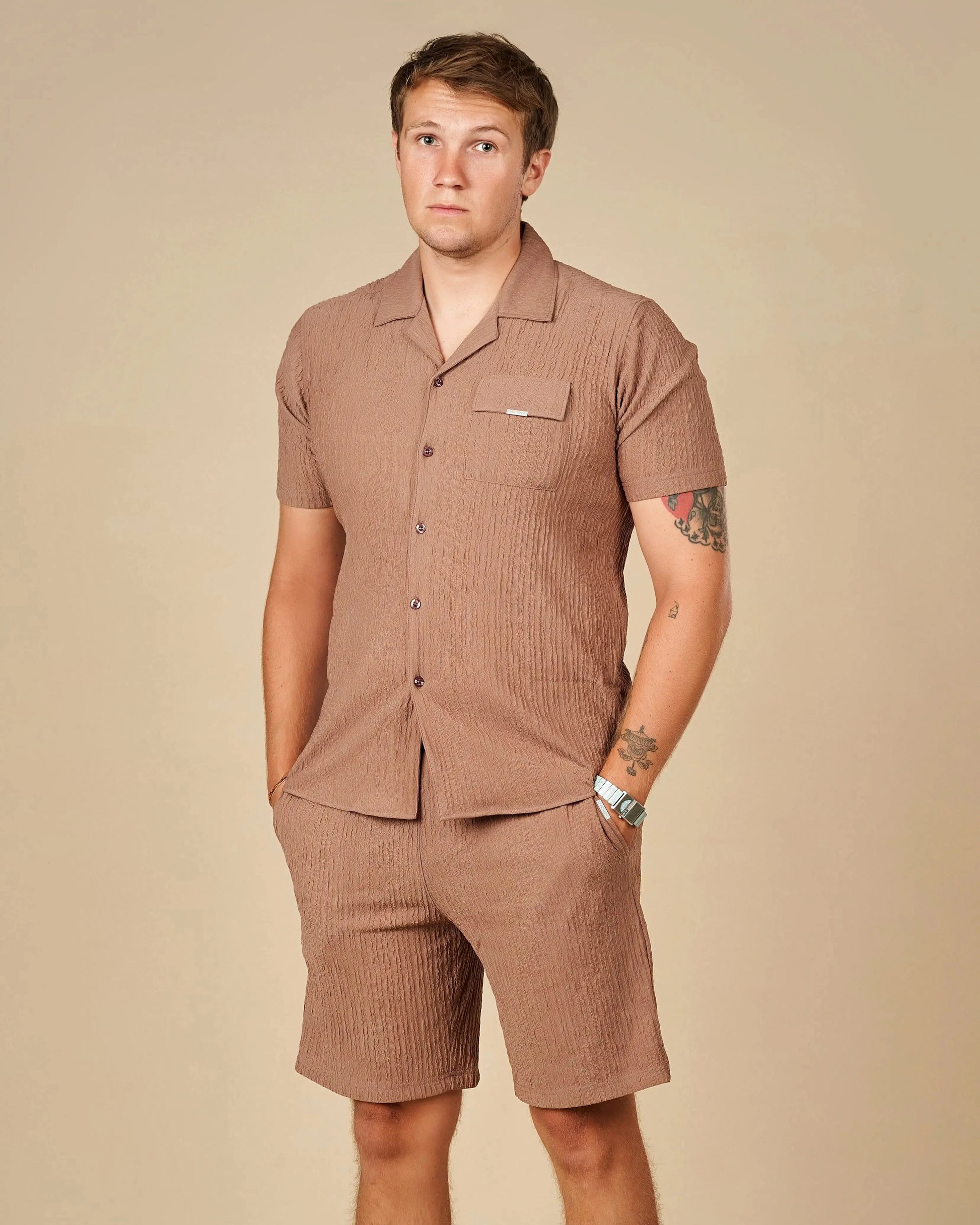 Legacy London Cuban Shirt & Shorts Co-Ord Set Camel Beige / XXL - LCY London