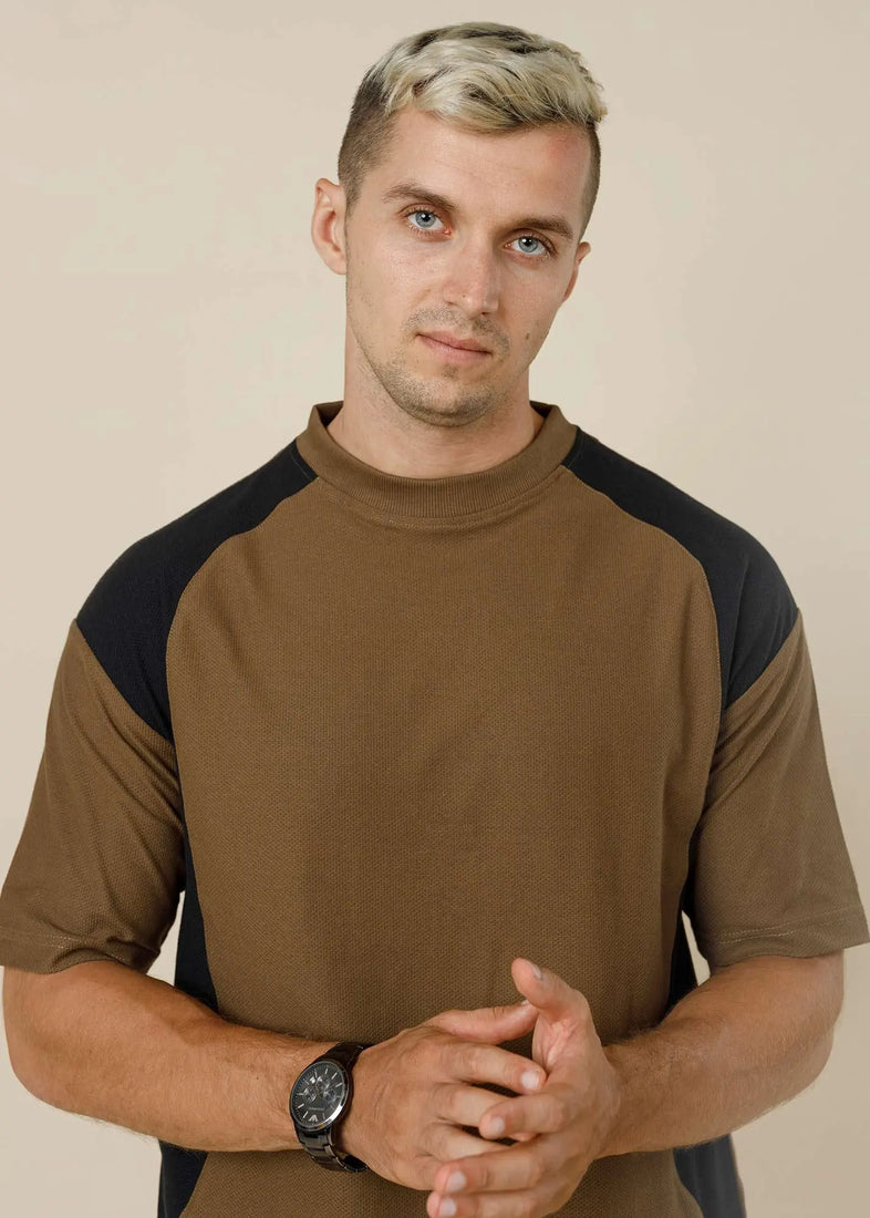 Shoulder Accent Textured Tee RUST-BROWN-XL - LCY London