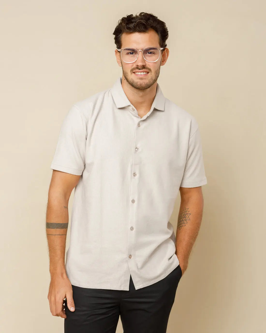 Spread Collar Button Down Shirt Beige-XL - LCY London