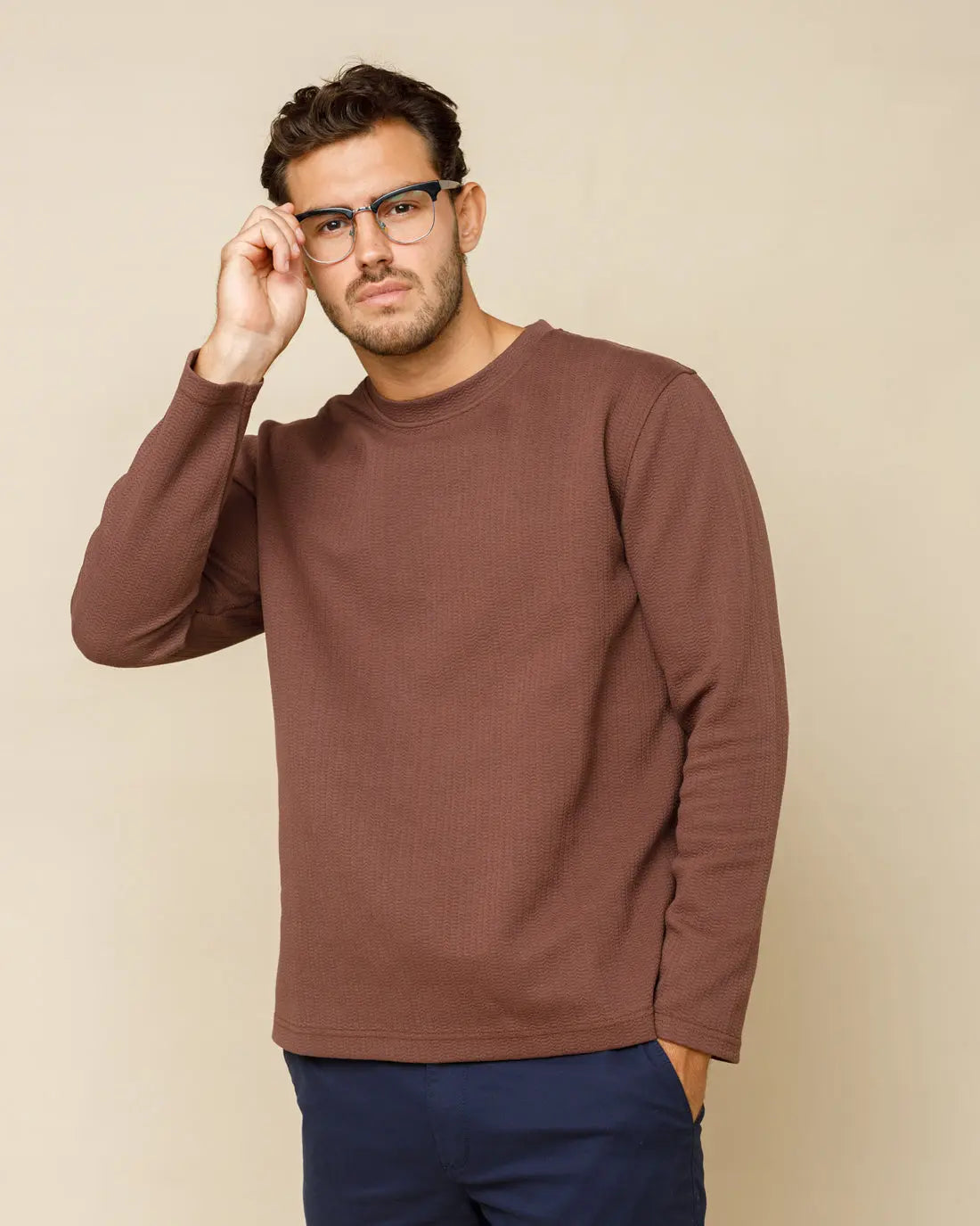 Textured Crewneck Jumper Brown-XXL - LCY London