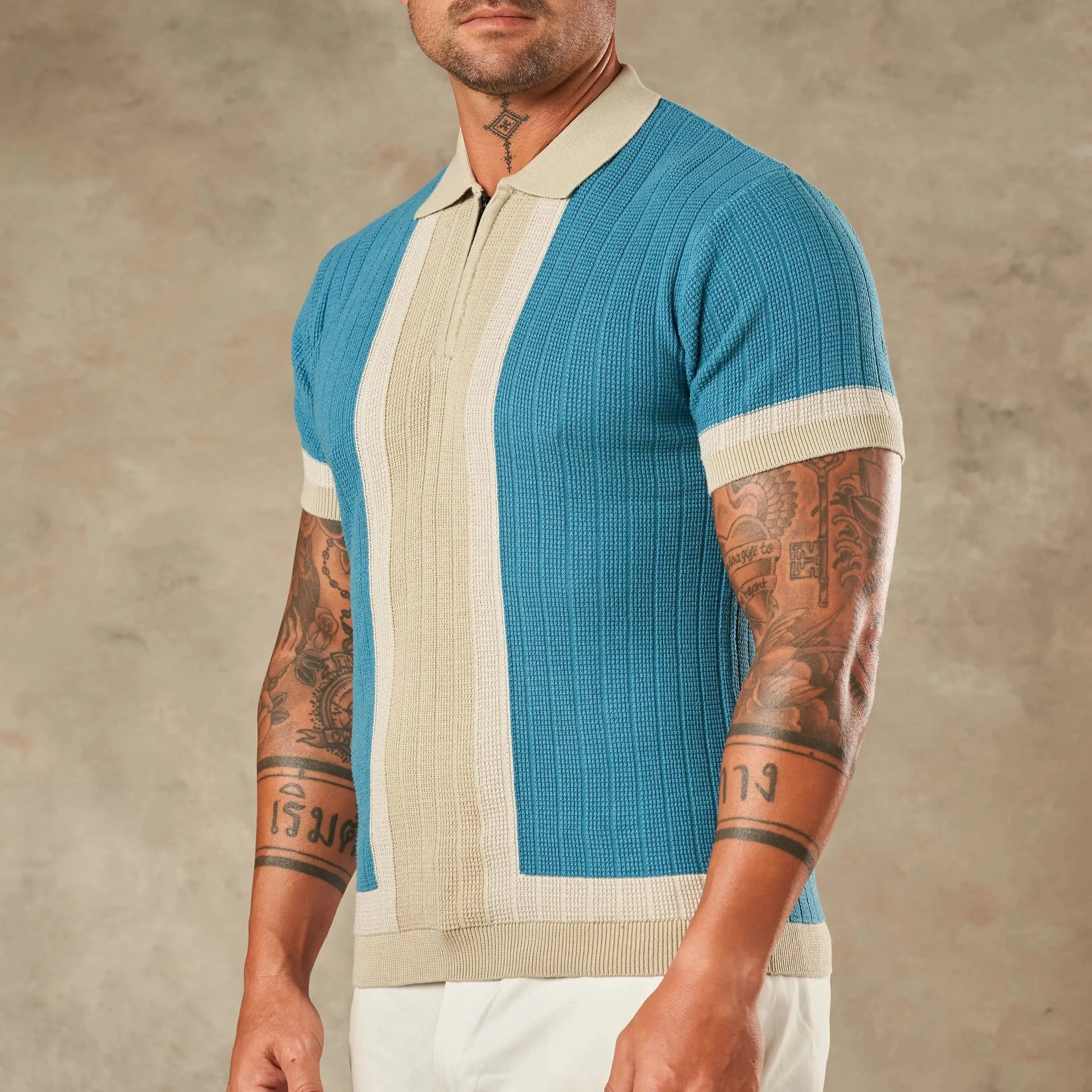Vertical Colour Block Zipper Polo - LCY LONDON