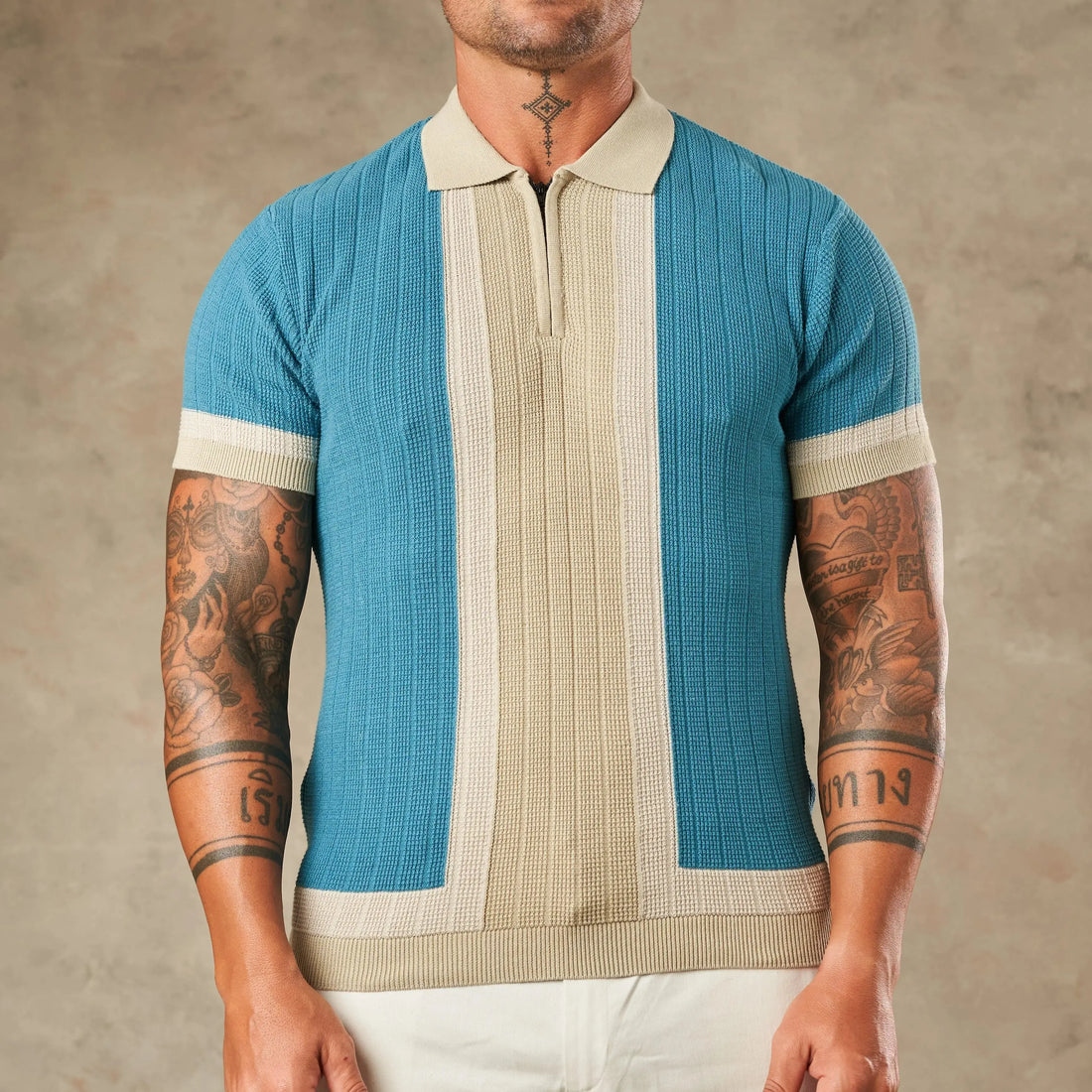 Vertical Colour Block Zipper Polo - LCY LONDON