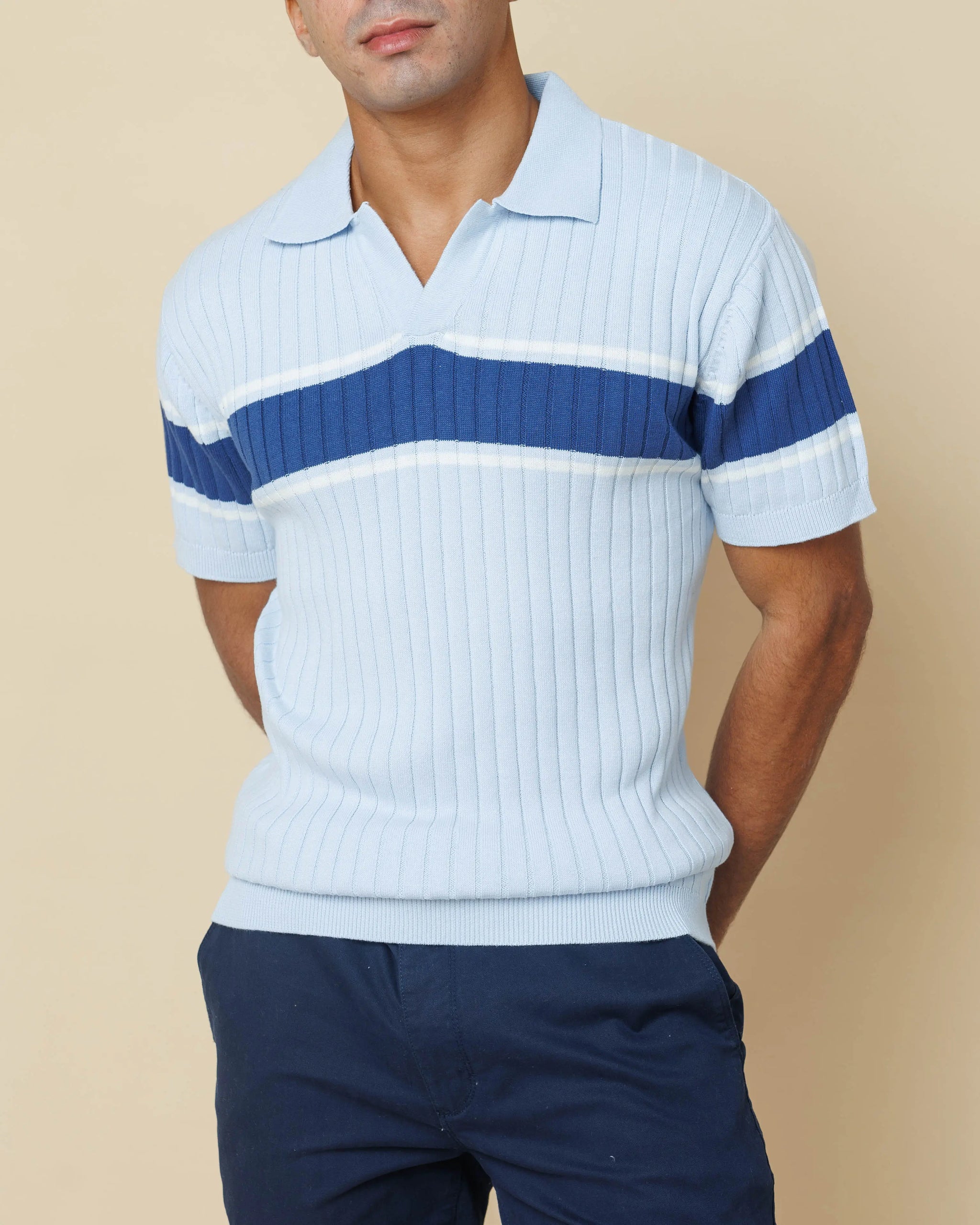 Vintage Striped Flat Knit Cotton Polo Sky-Blue-XL - LCY London