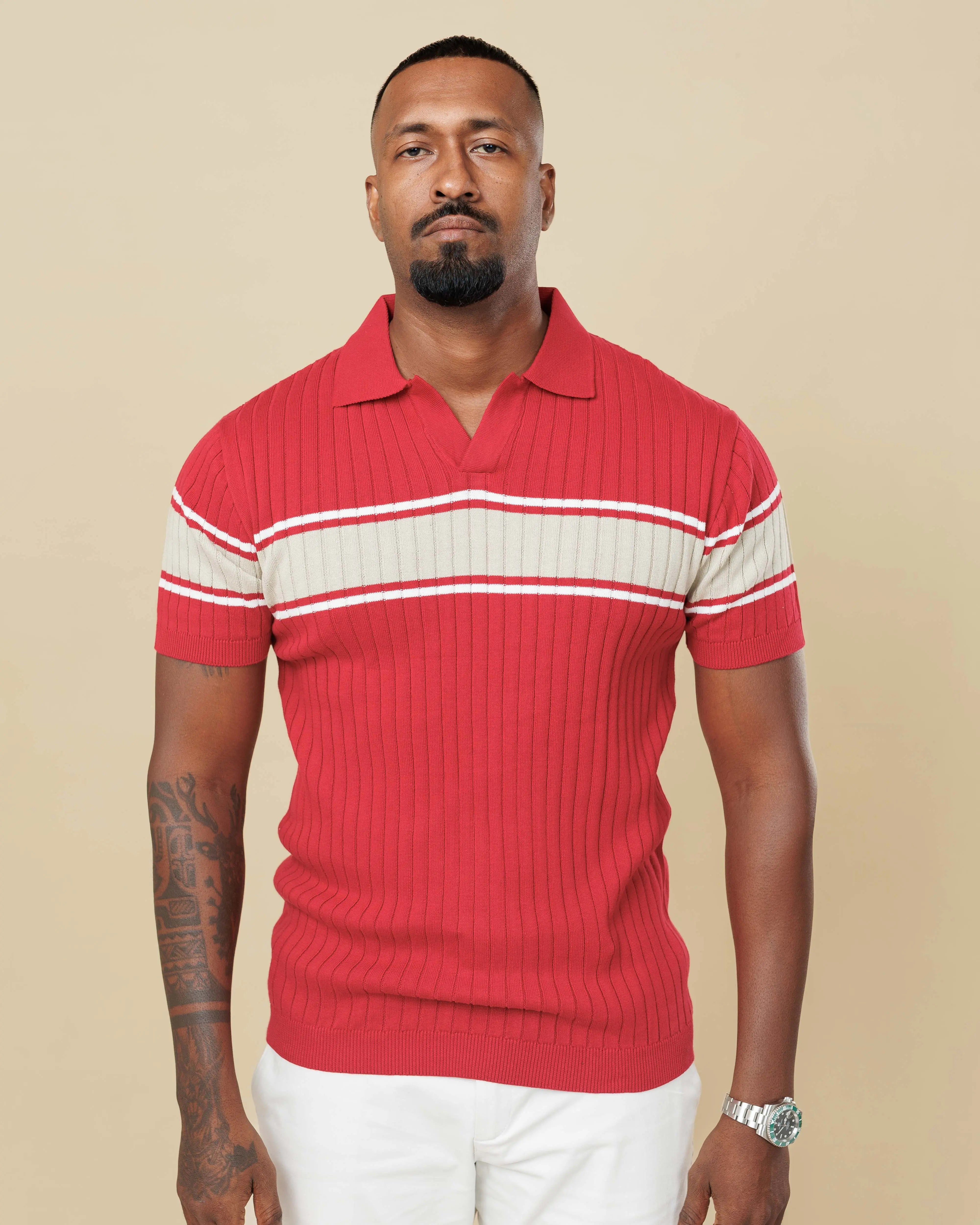 Vintage Striped Flat Knit Cotton Polo Red-XL - LCY London