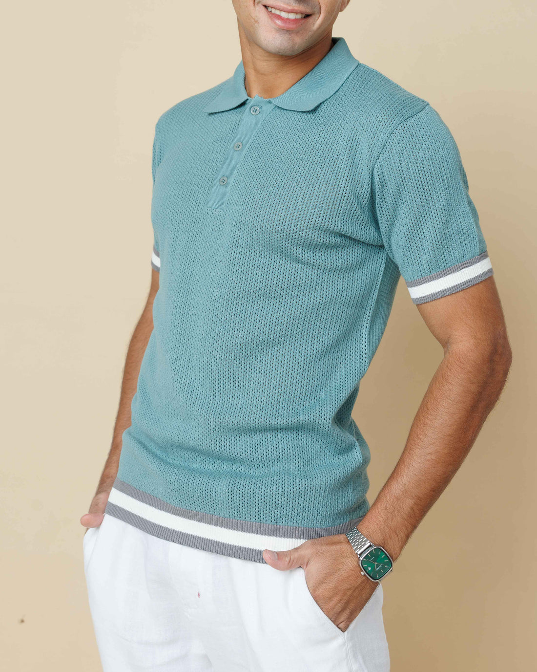 Zig Zag Jacquard Cotton Polo Sea-Green-XL - LCY London