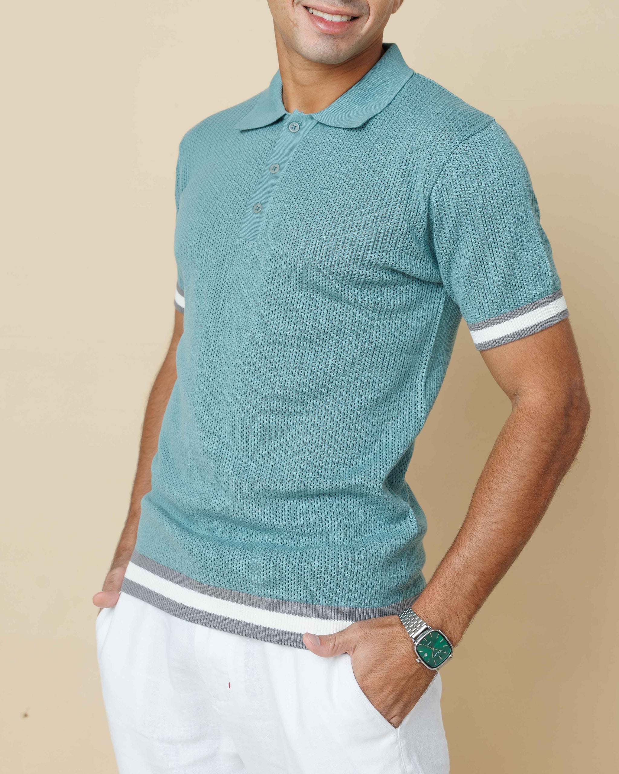 Zig Zag Jacquard Cotton Polo Sea-Green-XL - LCY London
