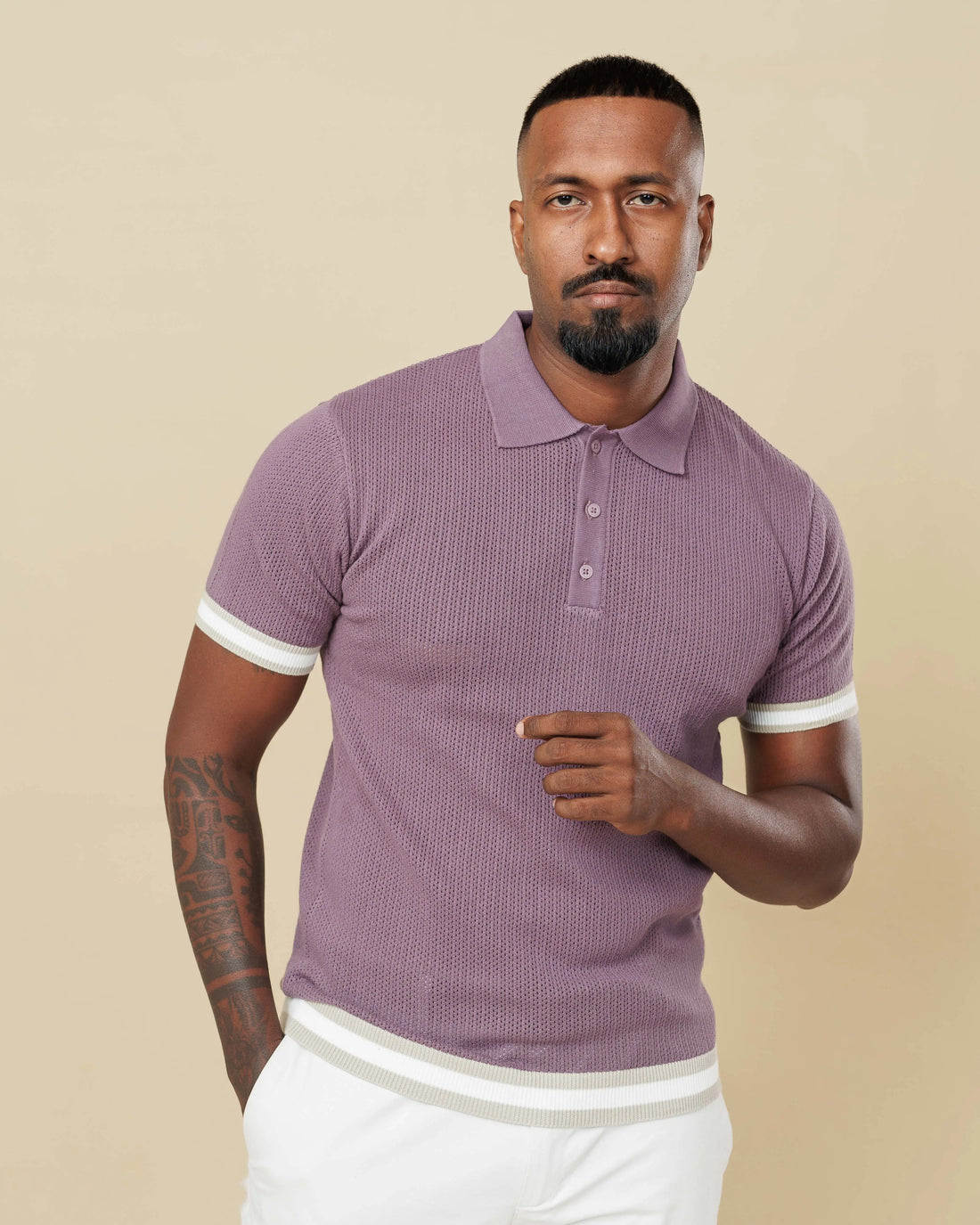Zig Zag Jacquard Cotton Polo Lavender-XL - LCY London