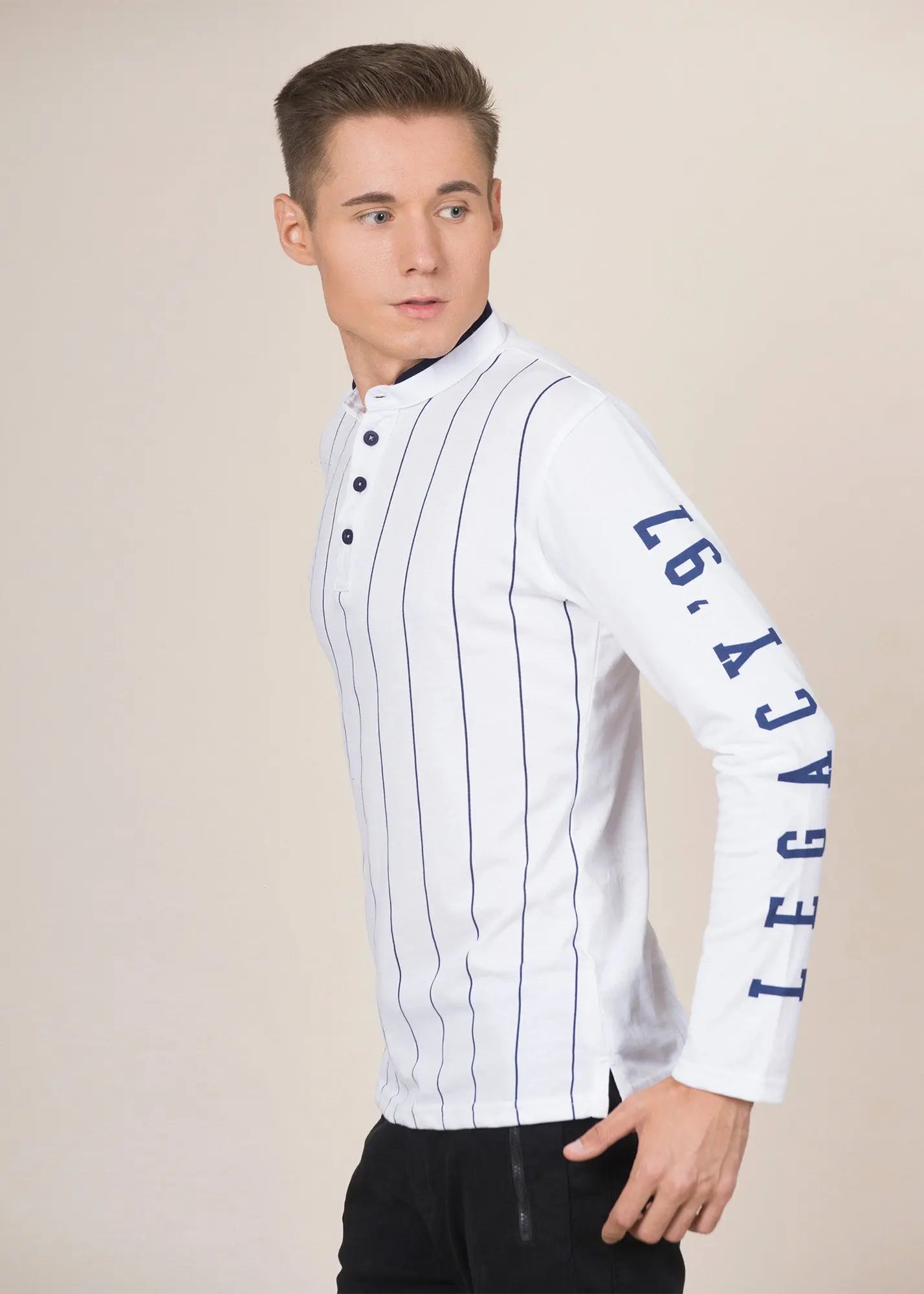 LCY London | Line Classics - Long Sleeved Men's Vertical Striped Mandarin Polo Top LCY London