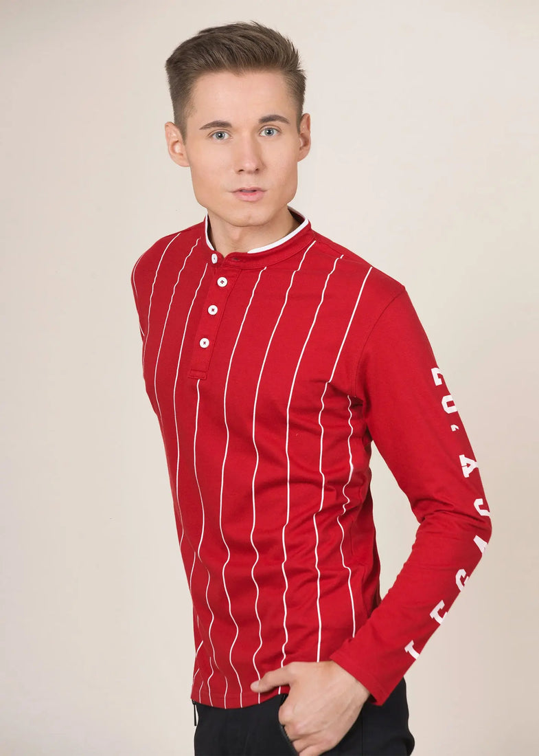 LCY London | Line Classics - Long Sleeved Men's Vertical Striped Mandarin Polo Top LCY London